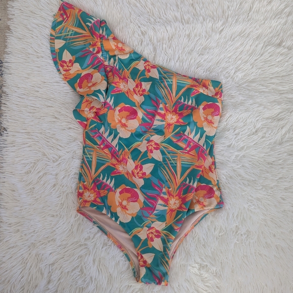 maree maree Other - NEW Women's Maree Maree Swimsuit 6 One Shoulder Ruffle Orange Teal Pink